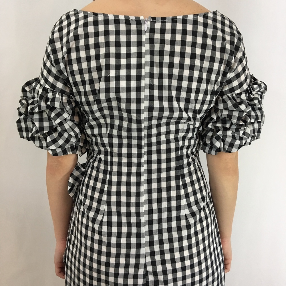 Black & White Gingham Wrap Dress with Puff Sleeves - Picture 3 of 8